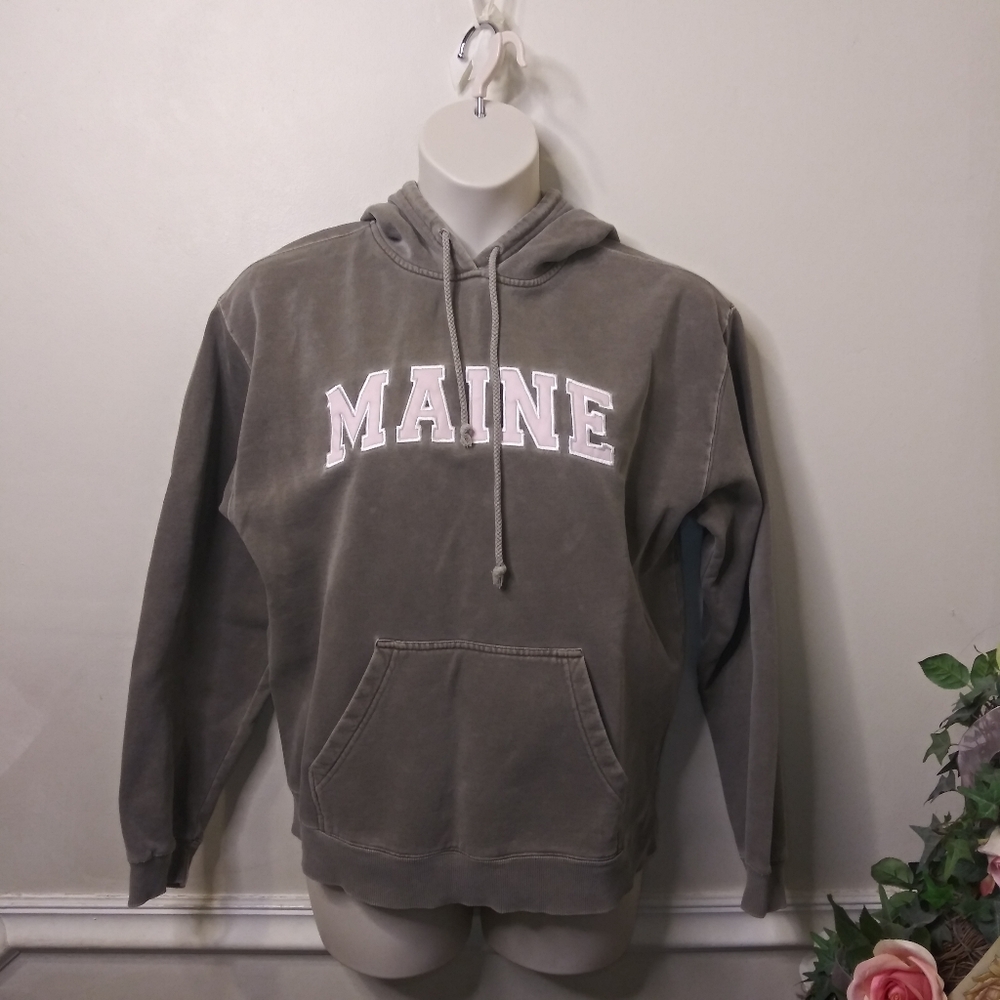 Vintage "Maine" Khaki Green & Pink Hooded Kangaroo Pocket Sweatshirt - Picture 8 of 8
